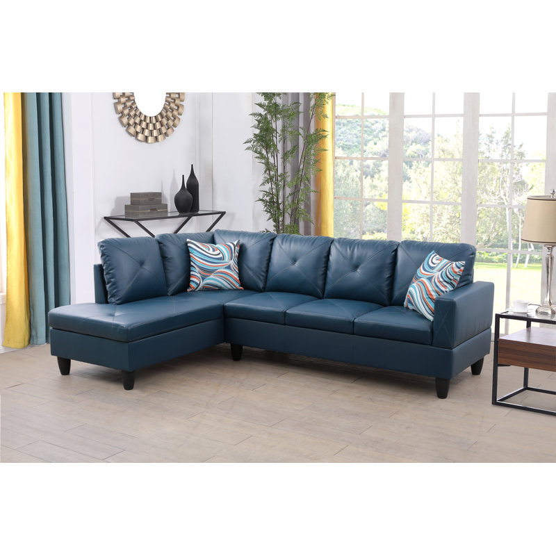 Tamez Faux Leather L-Shaped Sectional, Left Hand Facing, Blue Faux Leather