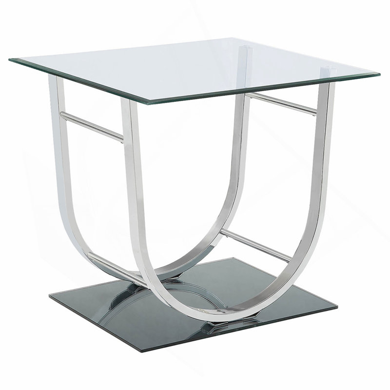 Table de bout chromée carrée en U avec plateau en verre