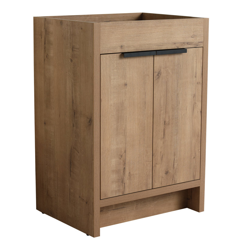Meuble-lavabo autoportant de 24 po, 2 portes à fermeture douce, rangement pour meuble-lavabo, meuble-lavabo sans comptoir, tablettes intérieures réglables, fabrication en contreplaqué, armoire imitation surface de couleur chêne, non