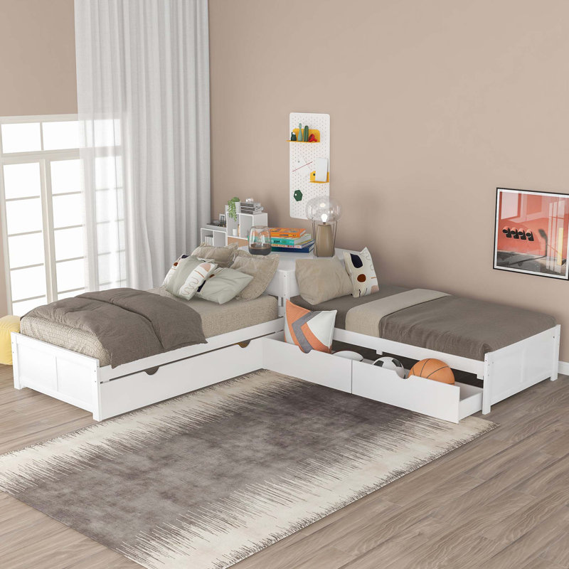 L-shaped Twin Platform Bed with Trundle, Drawers, and Built-in Desk for Space-Saving and Multi-Functional Use in White