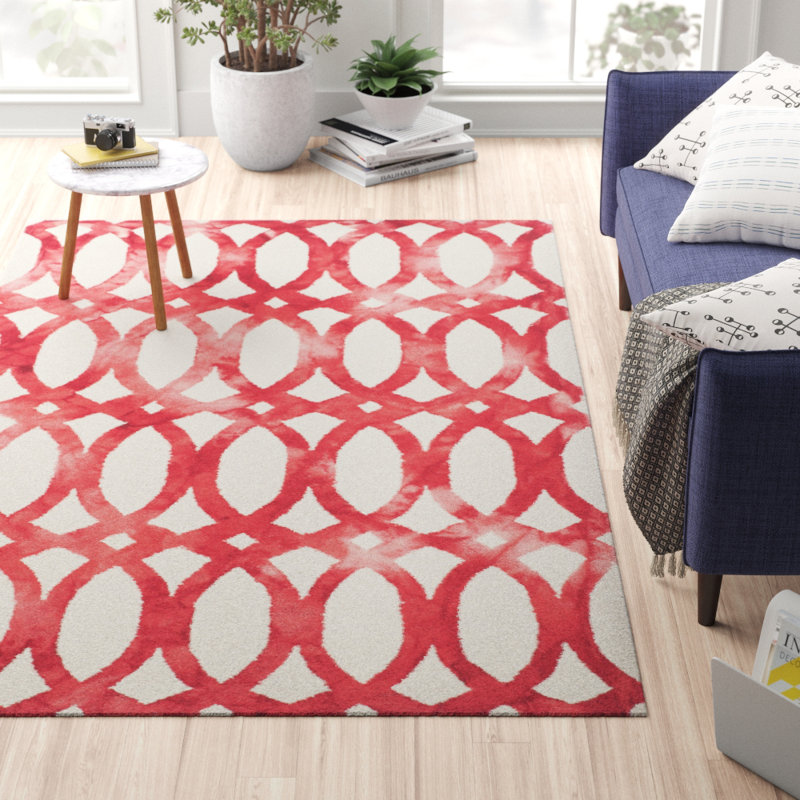 Tapis rouge / ivoire en laine / coton touffeté à la main Amekia, Rectangle 5 pi x 8 pi