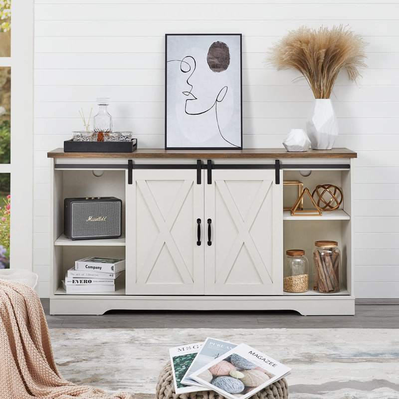 Meuble télé avec foyer pour téléviseur de 65 po ou moins Chestertown, Blanc patiné / bois de grange
