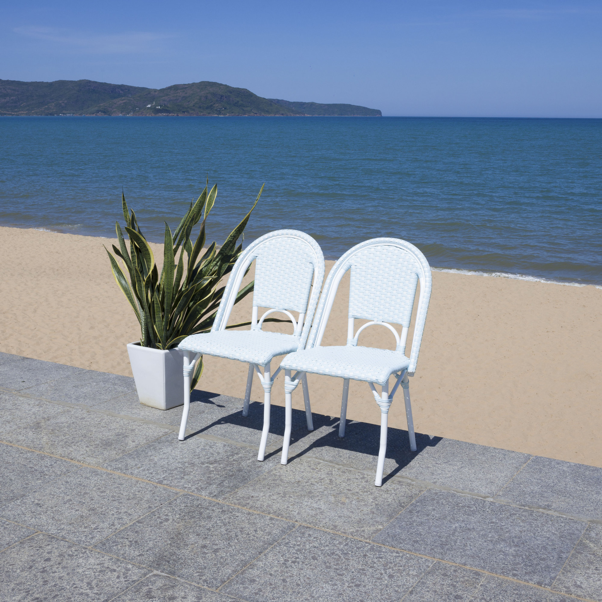 Popplewell Premium All-Weather Wicker Outdoor Dining Side Chair, White/Baby Blue-White