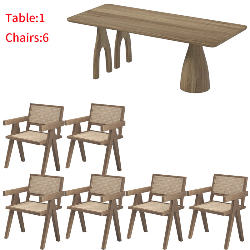 Japanese solid wood rectangular dining table set, 7, 29.5"H x 62.9"L x 27.5"W