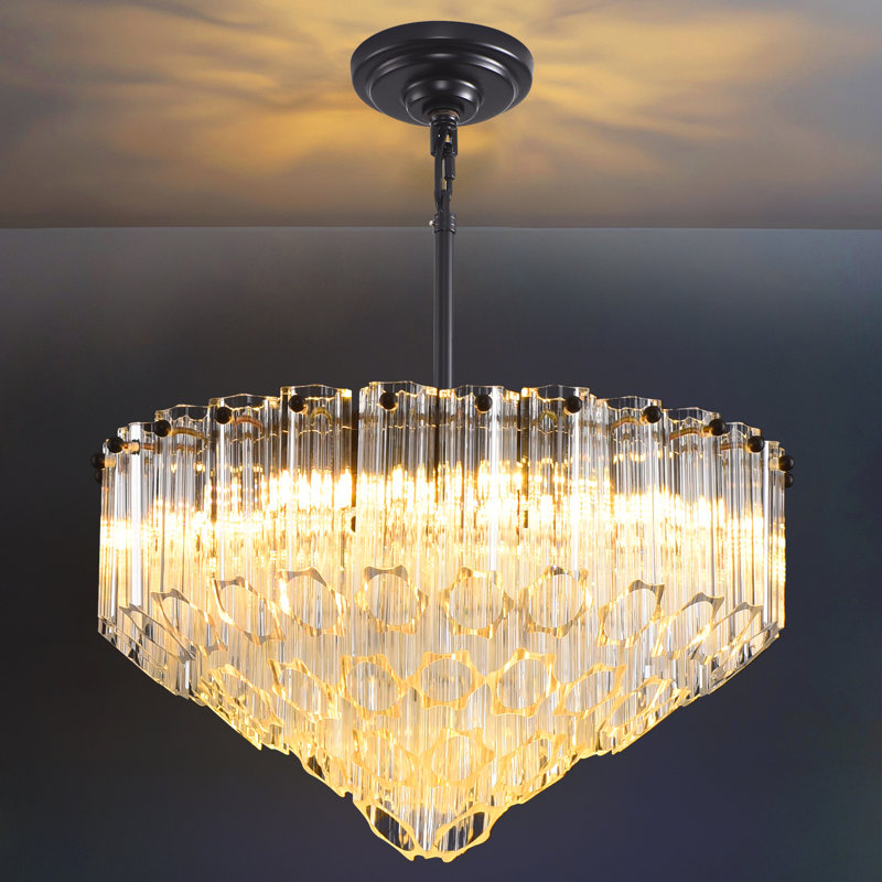 Lustre moderne gradué à niveaux 6 lumières 14 "avec abat-jour en verre Eulalia, Noir mat