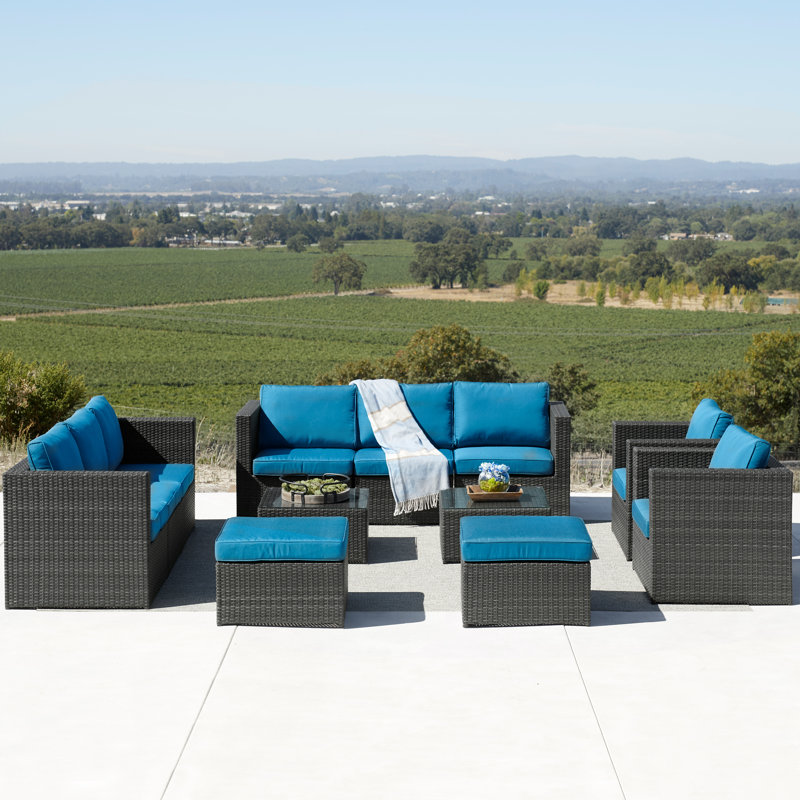 Baecher 11 Piece Wicker Sectional Seating Group with Cushions (Fully Assembled), Dark Gray/Peacock