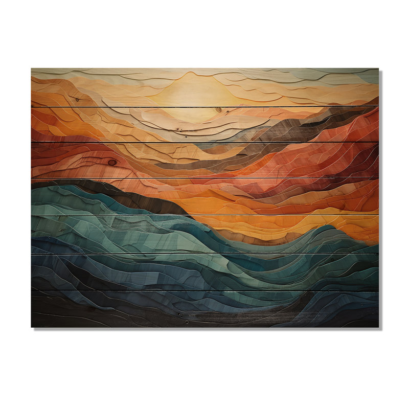 Paysage de montagnes corail bleu sarcelle sur bois, H 24 po x l 32 po x P 0,78 po