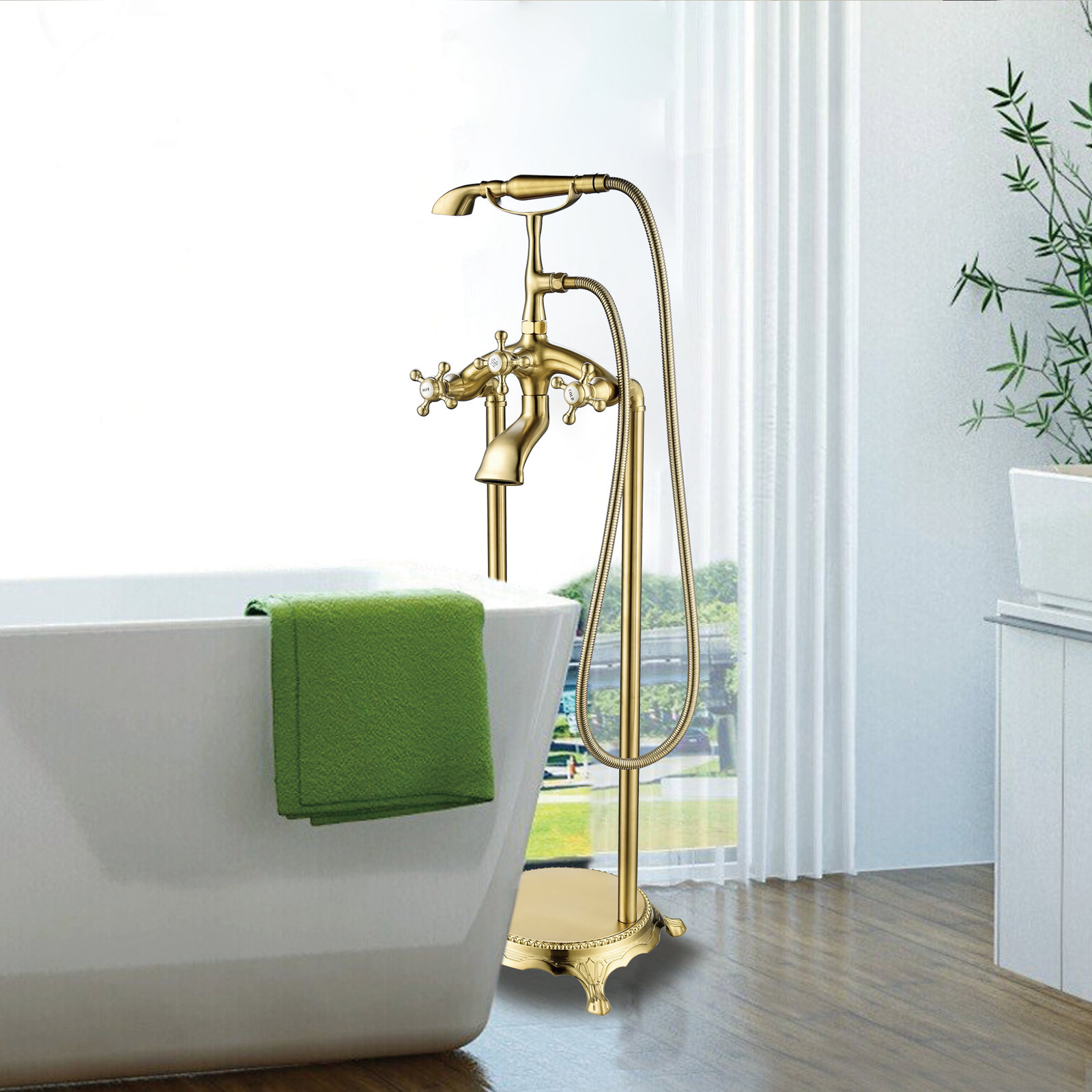 Floor Mounted Clawfoot Tub Faucet Trim, Brushed Bronze