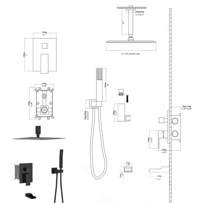 Système de douche avec bec de baignoire en cascade, système de douche carré à fixation au plafond de 16 pouces avec valve brute, bronze huilé