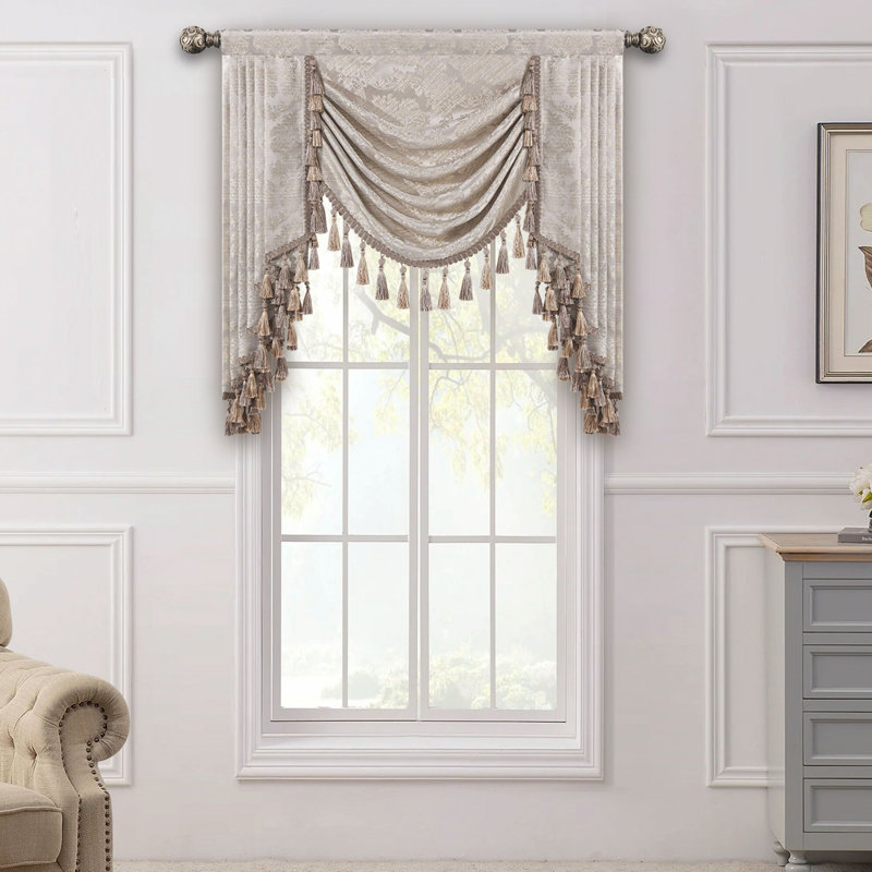 Elegant Swag Valance with Tassels, Beige Jacquard Waterfall Valance, Window Treatment 1 Panel, 39" W x 45" L