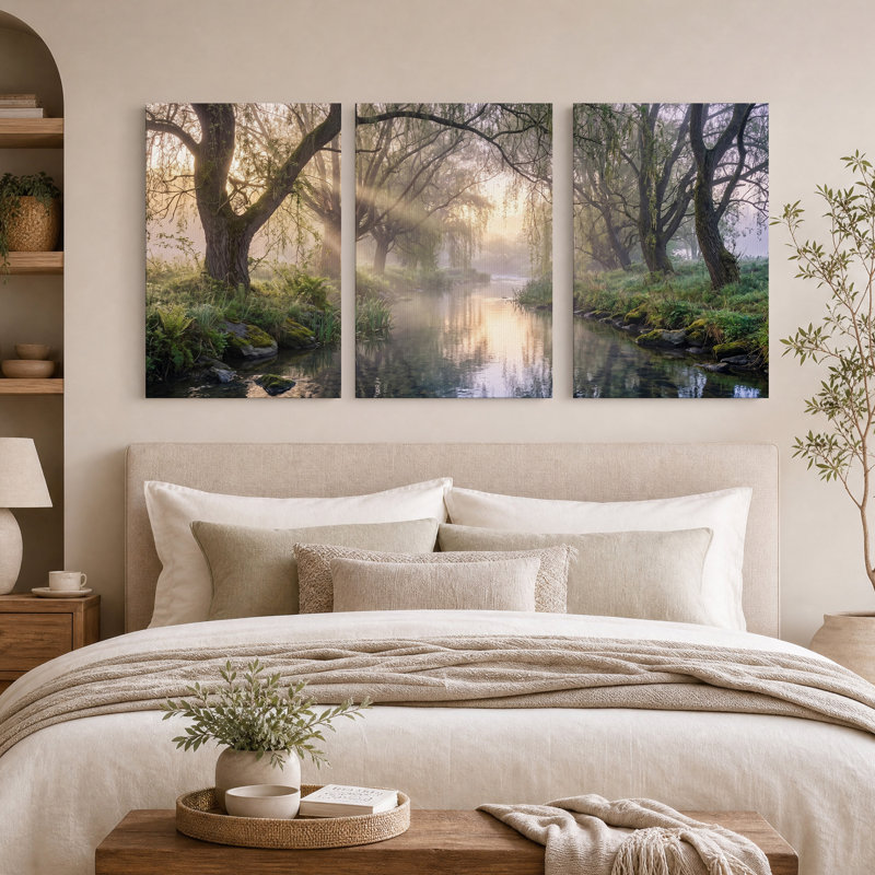 Ensemble de 3 toiles murales « Lumière dorée sur une rivière brumeuse avec des saules », H 24 po x l 16 po x 3 pièces