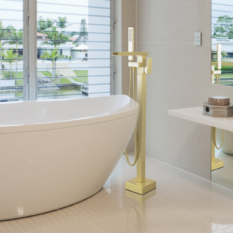 1 Handle Floor Freestanding Tub Filler with Diverter, Brushed Gold