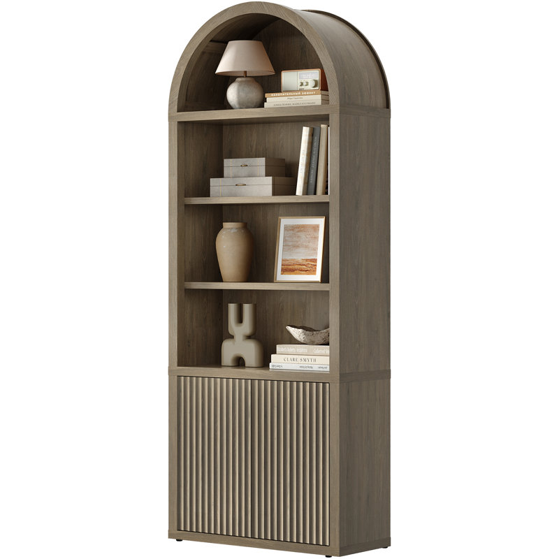 Cesiro 5-Tier Bookcase With 2 Fluted Doors And Adjustable Shelves, Gray Alder, 1