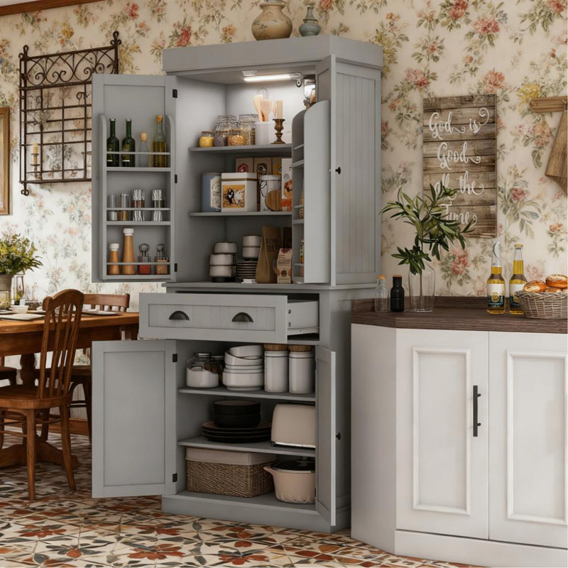 Armoire de cuisine de style moderne avec lumières à DEL, tablettes de porte, tiroir et tablettes réglables