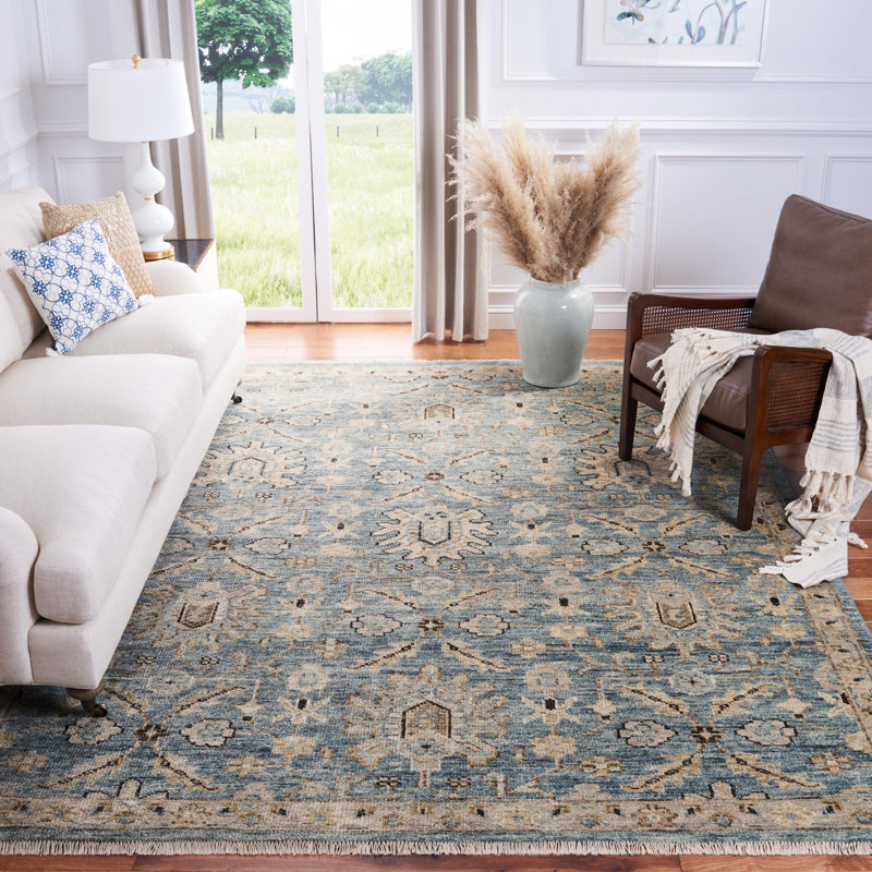 Oriental Hand-Knotted Blue / Beige Area Rug, Rectangle 8' x 10'