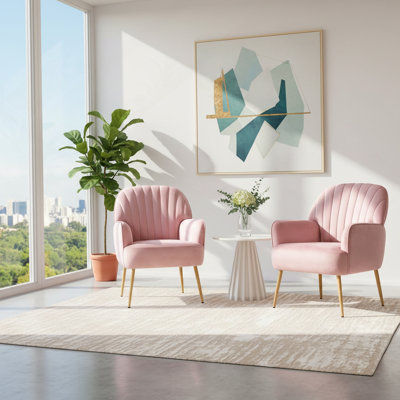 Fauteuil d'appoint en velours, fauteuils de salon rembourrés modernes, fauteuil simple de luxe avec pieds en métal, fauteuils demi-tonneau confortables pour le salon, la salle d'attente, la chambre à coucher, le bureau et le café, rose