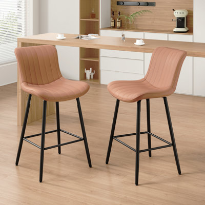 Ensemble de 2 tabourets de comptoir, chaises de cuisine et de salle à manger en similicuir pour la salle à manger, tabourets de bar à hauteur de comptoir, chaises de table de salle à manger modernes Mid-Century avec pieds en métal, brun