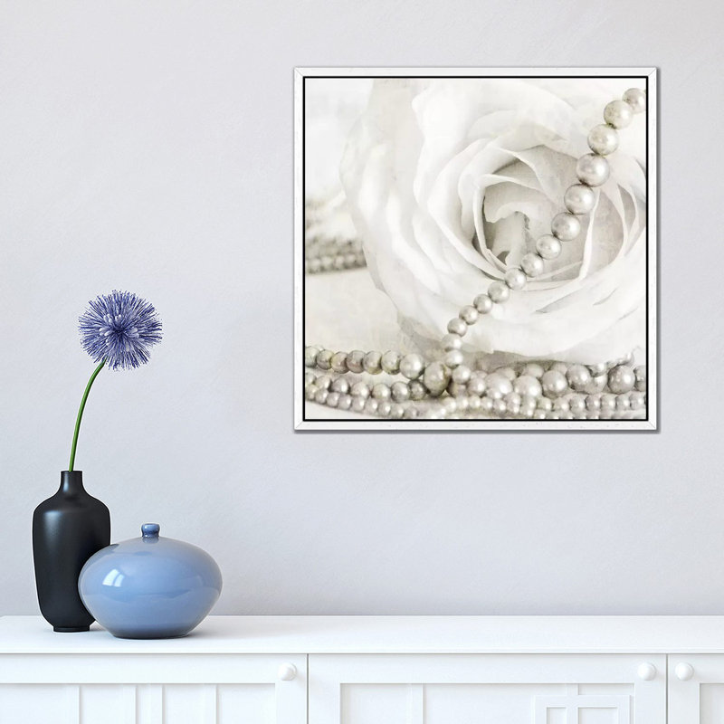 White Rose With Pearls by Tom Quartermaine - Print on Canvas, 45.72 cm H x 45.72 cm W, White Framed