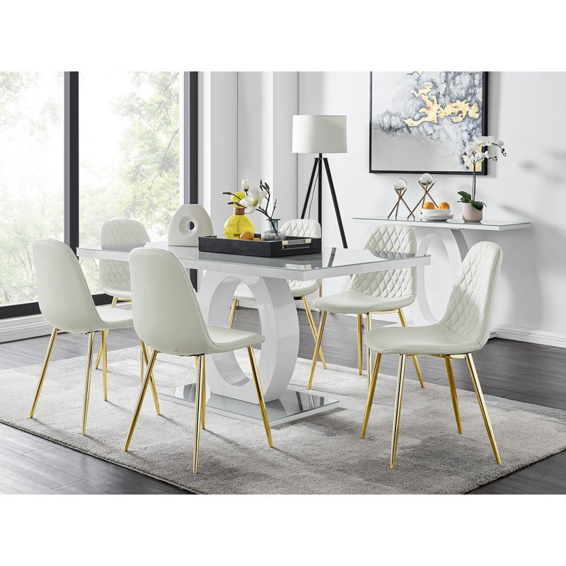 Scottsmoor Modern High Gloss Halo 6 Seater Dining Table Set with Luxury Faux Leather Dining Chairs, White/Gold
