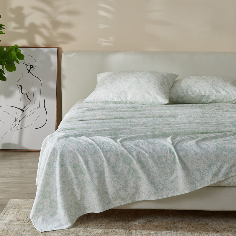 King Aqua Floral Cotton Flannel Deep Pocket Sheet Set