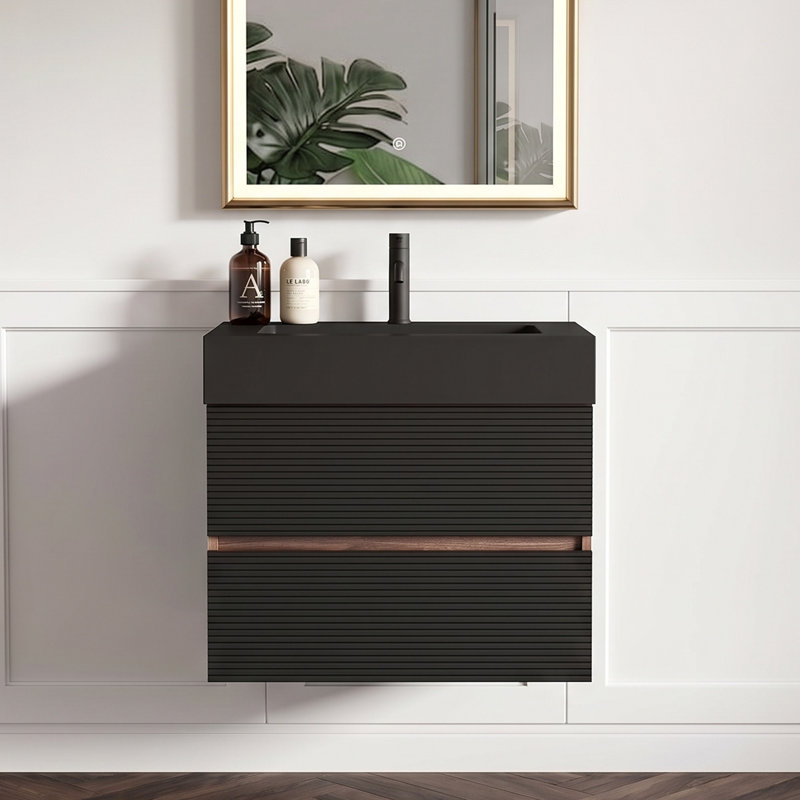 Meuble-lavabo mural moderne 24 po brun avec lavabo à surface solide noir mat, tiroirs souples, Noir et brun, 24''