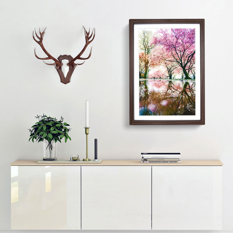 Reflection of the Pink Blossom Trees - Picture Frame Painting Print, 36cm H x 27cm W x 2cm D, Walnut Framed