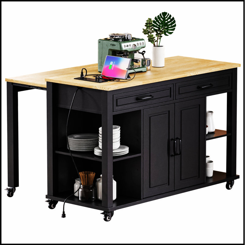 Îlot de cuisine de 47 po avec table de salle à manger, rangement interne et prise de courant pour cuisine moderne