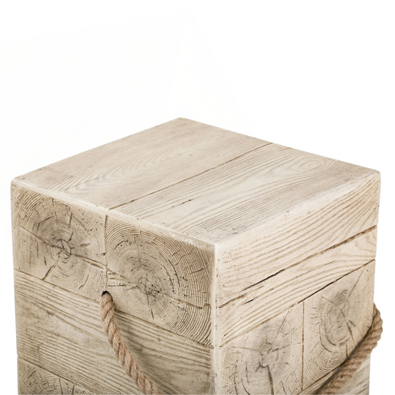 Outdoor Wood Grain Square MGO Side Table With Simulated Braided Cord – Indoor Retro End Table For Home & Patio Decor