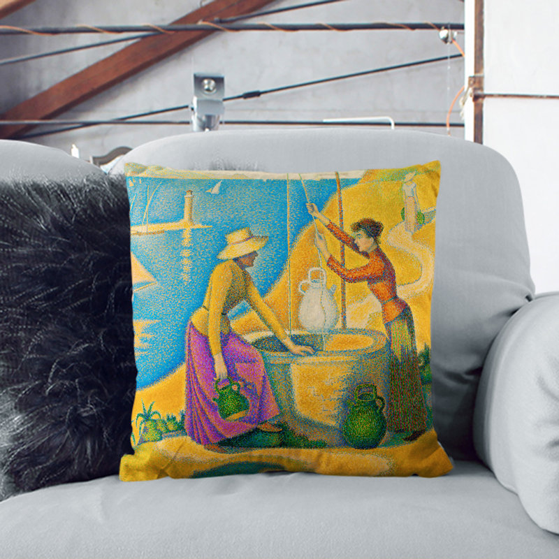 Women At The Well Square Throw Cushion, 40cm H x 40cm W x 15cm D, Stone