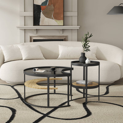 Modern Minimalist Round Coffee Table Set With Tempered Glass Top And Open Wood Storage Shelves