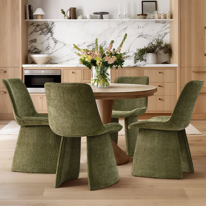 Modern Fully Upholstered Dining Chairs With Sculptural Base – Beige, Black, Green, Taupe, Set Of 4, Green