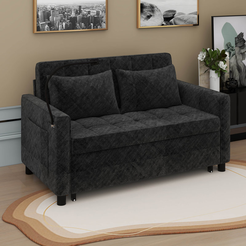 Canapé-lit convertible, canapé-lit escamotable avec dossier réglable, canapé-lit en chenille avec poche latérale, Noir