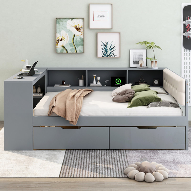 Lit plateforme en bois avec tablettes et tiroirs de rangement, Gris, Double