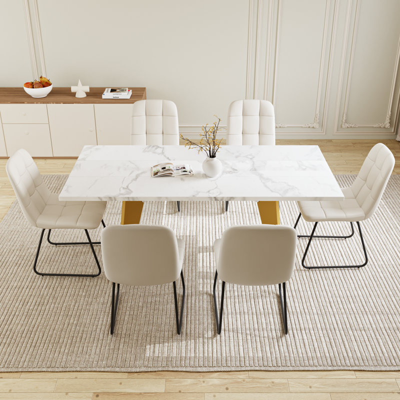 Ensemble de table de salle à manger à tréteaux pour 6 personnes, Blanc, 7 pièces : table, 6 chaises