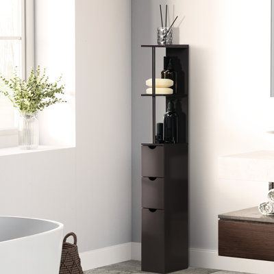 54" Tall Bathroom Linen Cabinet, Freestanding Storage Tower With 2 Shelf And Drawers, Compact Narrow Floor Organizer, Brown Space Saving