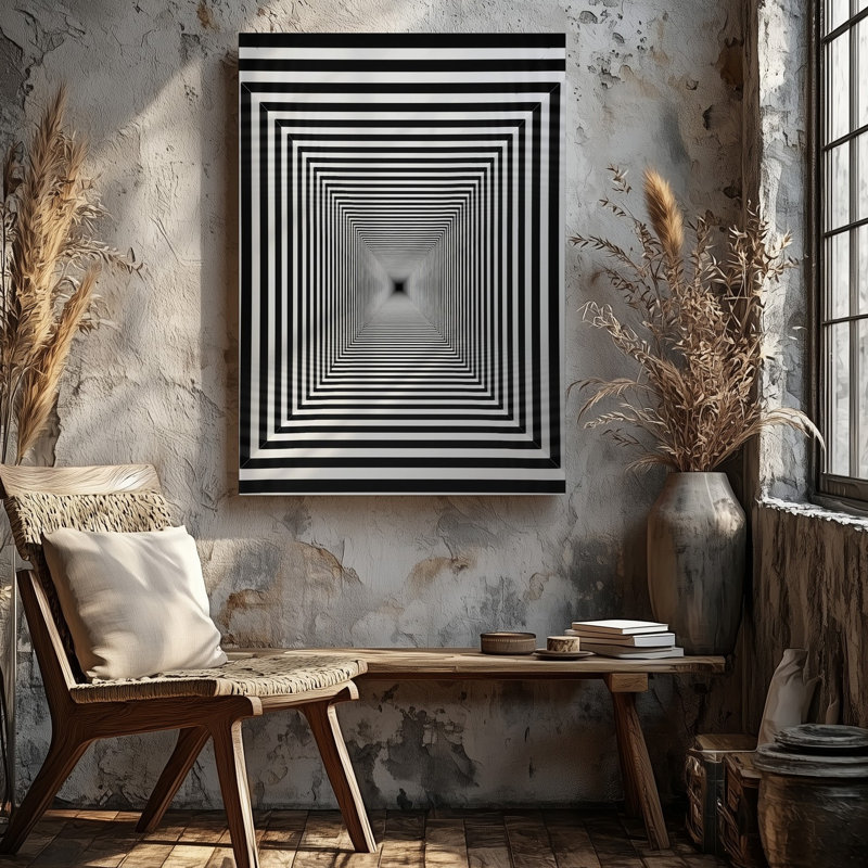 Toile, une hypnose optique noir et blanc hypnotisante avec une série d'art mural de rectangles concentriques créant un effet de tunnel
