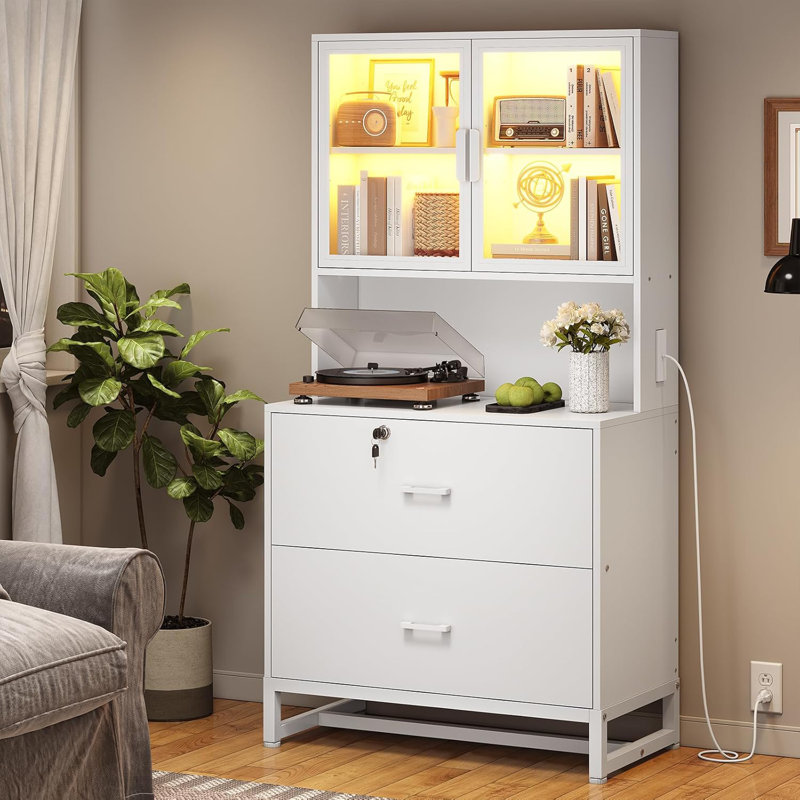 2 Drawer File Cabinet With Lock & Charging Station, Filing Cabinet Fits Letter, Legal, A4 Size, Wood File Cabinets For Home Office With Bookshelf, Printer Stand With Storage Shelf