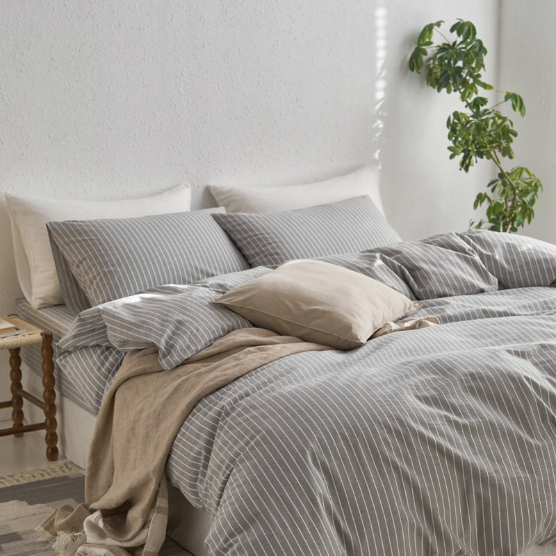 MooMee Striped Duvet Cover Set 100% Washed Cotton Linen Like Textured, Wide Stripes - Light Gray/White