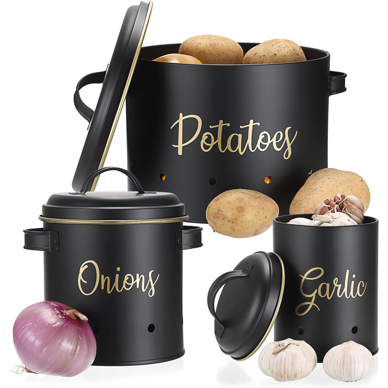 Set Of 3 Potato Onion Garlic Storage Bins Vegetable Containers Food Containers, Black