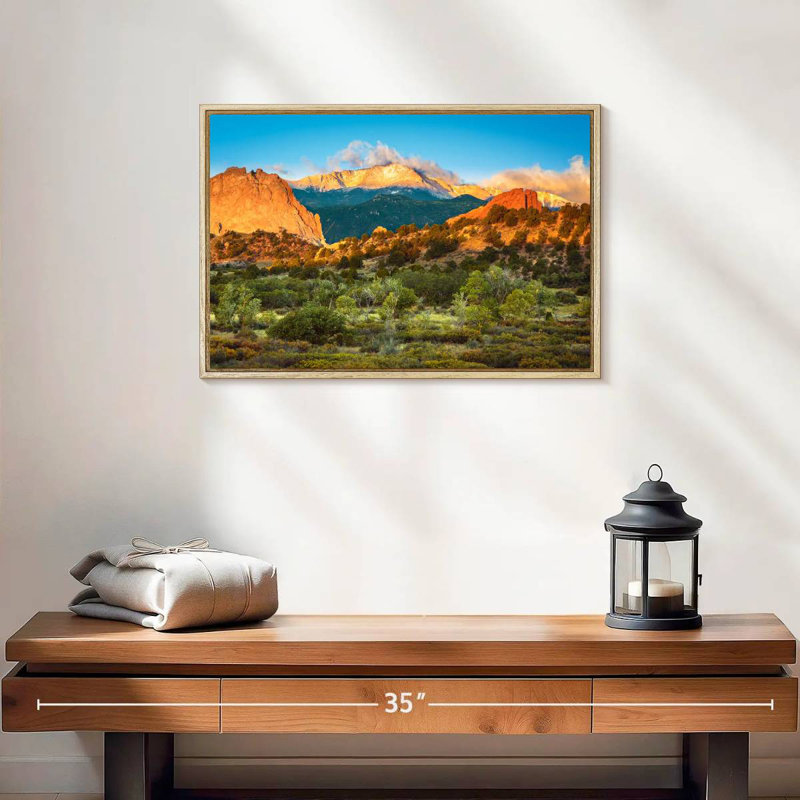 Paysage de montagne Pikes Peak, 19 po x 13 po, Cadre flottant en bois naturel