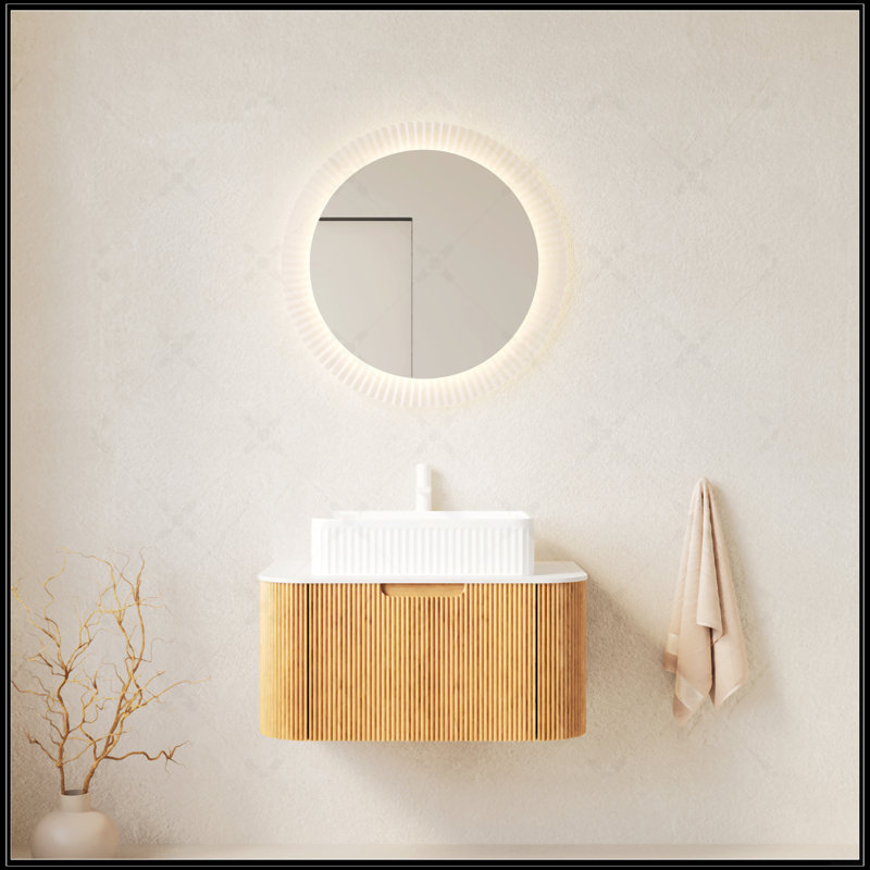 Meuble-lavabo mural flottant avec lavabo en céramique blanche, rangement spacieux et finition grain de bois naturel, 30"