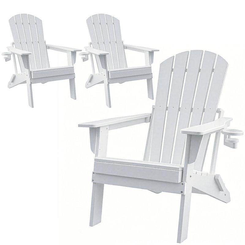 HDPE Folding Adirondack Chair With Cup Holder,Weather-Resistant, Low Maintenance,Supports Up To 400Lbs,,3Pack, White