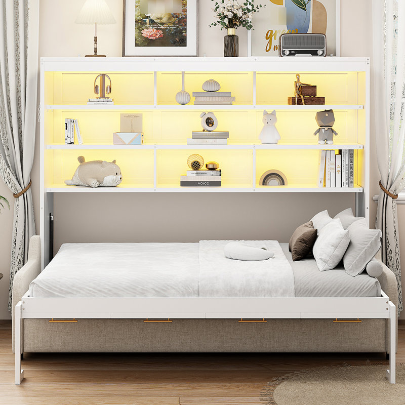 Lit double pleine grandeur avec tablettes de rangement et lumières à DEL douces, parfait pour l'espace, Grand lit