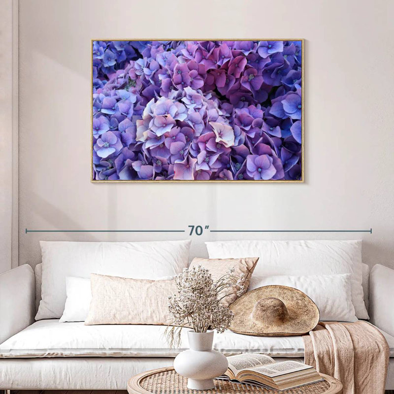Grappes d'hortensias mauves, 40 po x 27 po, Cadre flottant en bois naturel