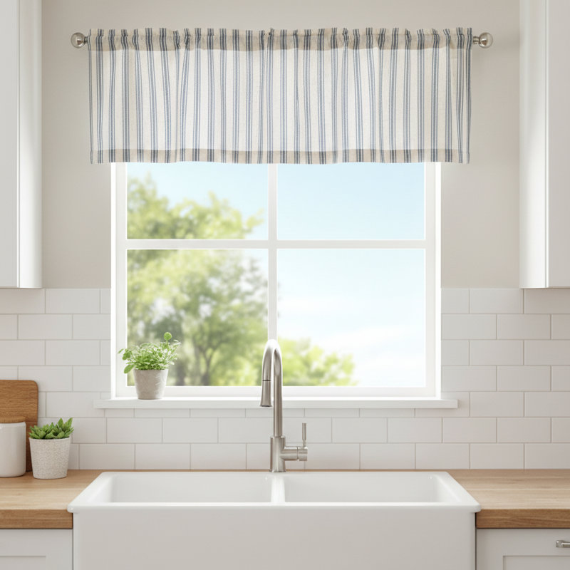 Farmhouse Style Striped Semi-Transparent Linen Valance, 50X16 Inch Rod Pocket Single Panel, Blue Background, Beige Valance.