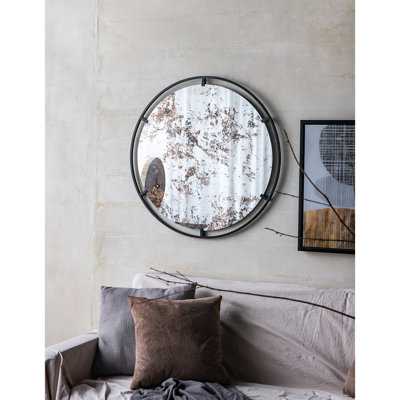 Miroir mural industriel avec cadre en métal 31,5 x 0,7 x 31,5 po, noir, rond de 15,8 lb avec pour décor, 31,5 x 0,7 x 31,5 po