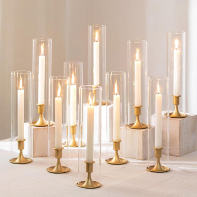 Bougeoirs chandelier dorés - 10 pièces de bougeoirs effilés en verre transparent