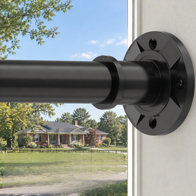For outdoor areas, bathrooms, and windows, this black adjustable extra-long shower tension rod extends from 31-180 in (15ft); the heavy-duty 1.1" diameter stainless steel design is rustproof, non-slip, and installs without drilling.
