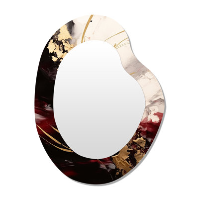 Gold and Red Fluid Fusion I - Abstract Unique Shape Wall Mirror, Modern Asymmetrical Decorative Mirror, Printed Metal Art