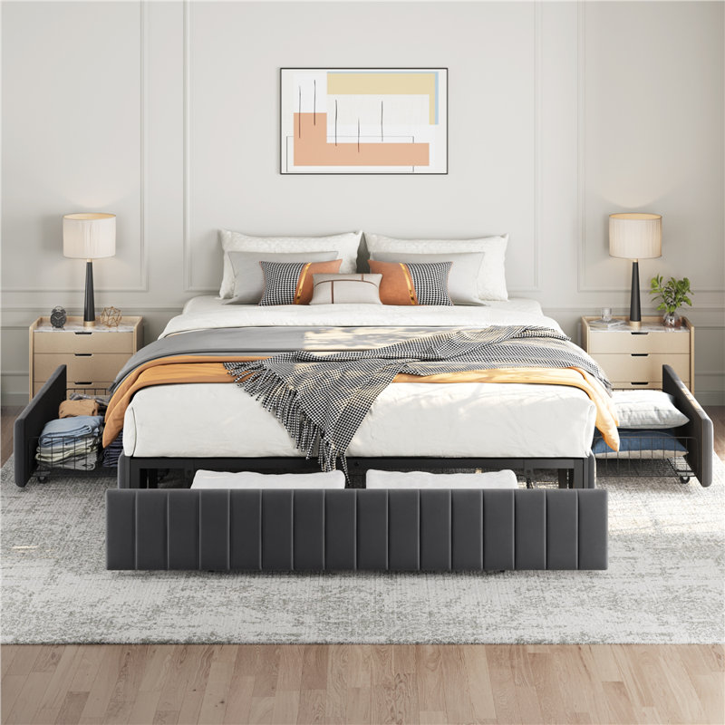 Structure de lit tapissier moderne avec rangement, Queen, Gris foncé
